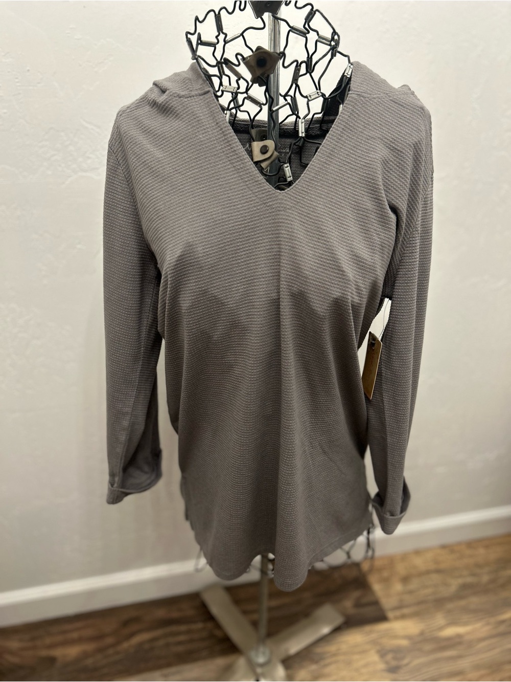 North River Waffle Knit Hoodie Gray Long Sleeve Lightweight V Neck S NWT